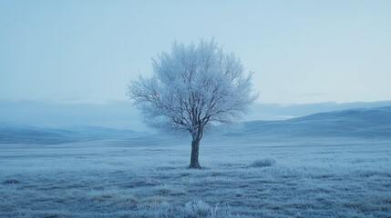 A frosted tree stands alone in a vast and open landscape