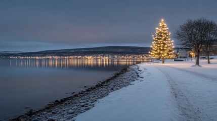 Fototapeta premium A beautifully lit christmas tree beside the serene reflective lake