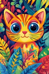 Naklejka premium Adorable Cartoon Baby Cat with Vibrant Hues and Intricate Foliage in a Tropic Setting