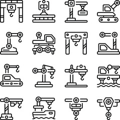 Crane icon set. Includes cargo lifting, crane truck, overhead crane, gantry crane, bridge crane, lifting equipment, and More. Outline icons vector collection