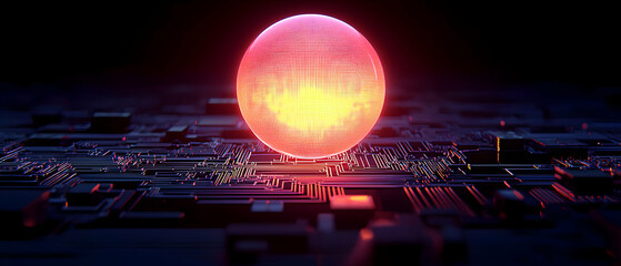 Glowing Digital Sphere Hovering Over a Complex Circuit Board With Binary Code Illumination