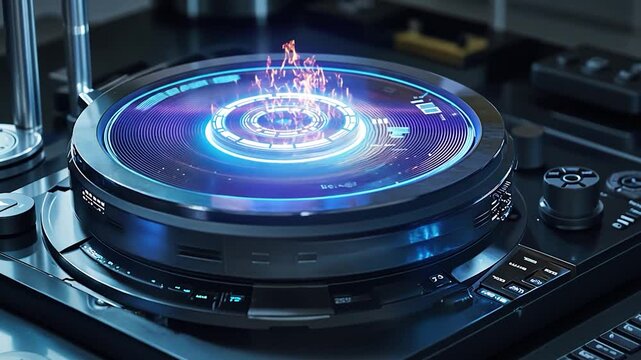Futuristic holographic display on a sleek device showcasing vibrant visual effects in a tech lab