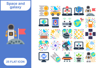 Space and Galaxy Flat Icons Set, Collection of 25 Space and Galaxy Flat Icons Set - 25 Vector Icons for Astronomy, Planets, Stars, Space Exploration & Science