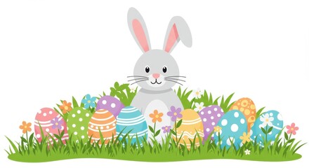 Obraz premium Cute cartoon Easter bunny surrounded by colorful decorated eggs and flowers, celebrating the spirit of Easter