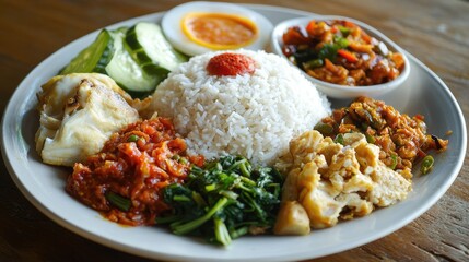 Indonesian nasi campur dish with various side dishes displayed