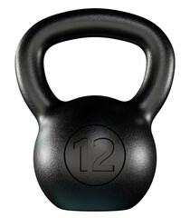 Kettlebell fitness weight, 12 kg heavy cast iron powerlifting equipment, painted black, isolated on white background. 3D illustration