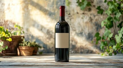 Elegant wine bottle with blank label, isolated on white background