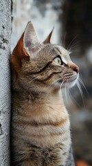 Adorable domestic cat with ears turned back looking curious and playful
