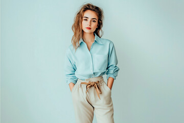 Full length portrait of a beautiful young girl in her 20s wearing a light blue blouse and beige trousers in casual style, standing against a light blue background