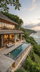 Tropical Luxury Villa: Infinity Pool, Ocean View, Thatched Roof, Twilight/Dawn Setting, Modern Design with Relaxing Island Atmosphere.