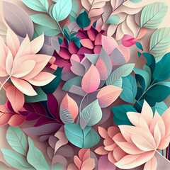 Abstrakcyjna ilustracja kwiatowa 3D – kolorowe kwiaty w pastelowych odcieniach, artystyczna kompozycja roślinna, bogaty wzór florystyczny, nowoczesna grafika cyfrowa, elegancka dekoracja z detalami