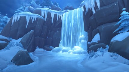 A wintery landscape featuring a frozen waterfall in a gorge