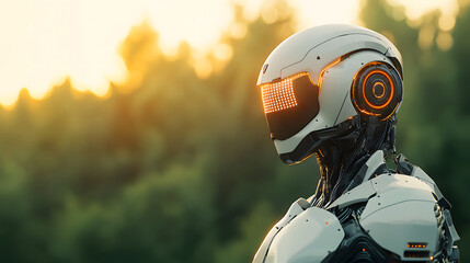 Futuristic Robot with Illuminated Visor Against Natural Background at Sunset