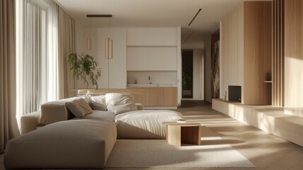 Obraz premium Modern living room with open space and natural wooden elements