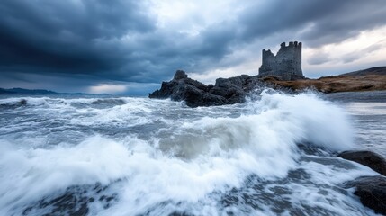 A weathered castle stands resolute against crashing waves, capturing the raw power of nature and the beauty of historical architecture in a dramatic seascape.