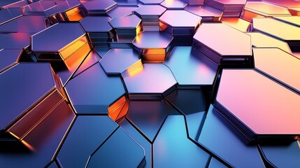 Fototapeta premium Abstract urban background with hexagonal overlay and glowing holographic effect on a glass building facade