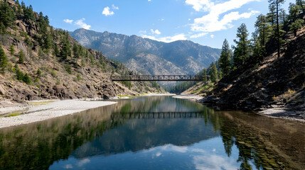 Scenic Mountain River Landscape With Steel Bridge Reflecting In Calm Waters Under A Clear Blue Sky