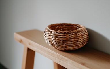 Fototapeta premium Light Brown Wicker Basket on Light Wood Surface