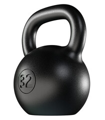 Kettlebell fitness weight, 32kg heavy cast iron powerlifting equipment, painted black, isolated on white background. 3D illustration