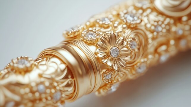Luxury golden fountain pen with intricate details, isolated on white background