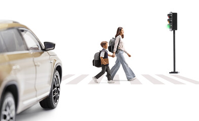 Teenage girl crossing a street with a boy