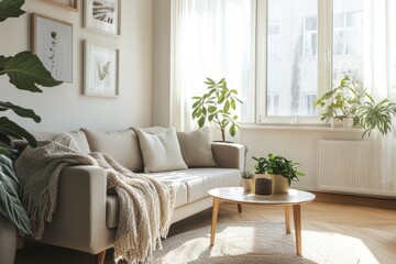 A corner view of the living room, highlighting a minimalist sofa with a neutral-colored throw blanket