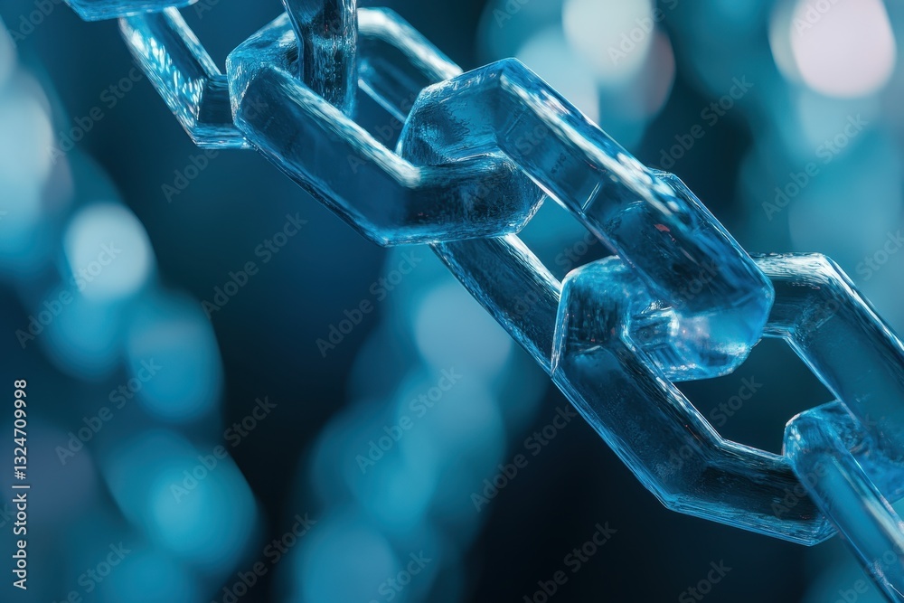 Poster abstract representation of blockchain technology with transparent links glimmering in blue light, 4k