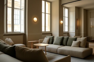 Obraz premium A view of the feature wall in the living room, with large windows providing abundant natural light