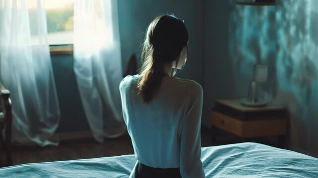Contemplative morning: woman sits on bed reflecting by a sunlit window