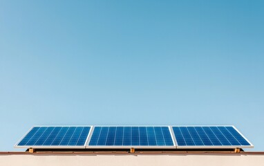 Fototapeta premium Three Blue Solar Panels on Beige Surface Against Clear Blue Sky