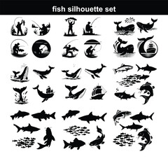 Naklejka premium Silhouette fish animal set, guess black shape of animal. Seafood meal, edible. Game for child. Fish icon set Set of salmon silhouette in line art style.Fish vector by hand drawing.Fish tattoo fish si