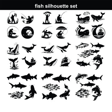 Silhouette fish animal set, guess black shape of animal. Seafood meal, edible. Game for child. Fish icon set Set of salmon silhouette in line art style.Fish vector by hand drawing.Fish tattoo  fish si
