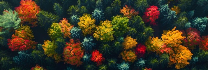Aerial View of Colorful Trees in Autumn Forest with Fall Foliage from Above