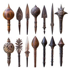 A collection of whole mace pieces arranged in a decorative manner, isolated on a white transparent background.