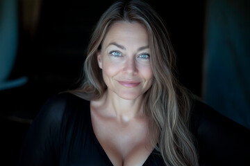 Fototapeta premium An attractive and confident woman in her 50s with long hair. She has great proportions, her face has a touch of mischief. Beautiful, cute, carefree, adventurous, playful, looking into the camera