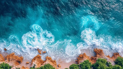 Aerial view of ocean waves crashing on rocky shoreline with blue water and foam