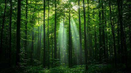 Lush Green Forest Interior With Sunlight Streaming Through Dense Canopy Creating Atmospheric Rays