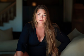 An attractive and confident woman in her 50s with long hair. She has great proportions, her face has a touch of mischief. Beautiful, cute, carefree, adventurous, playful, looking into the camera