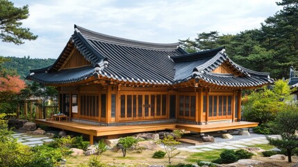 A traditional wooden building with a dark tiled roof and lush landscape