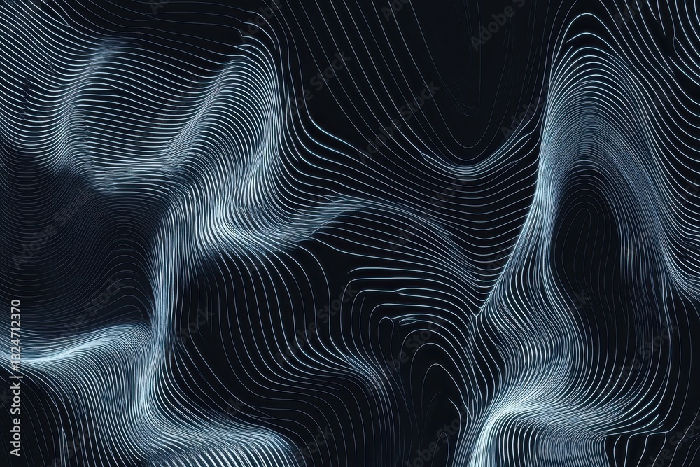 Poster white and blue lines create abstract waves on a dark background, white and blue lines moving on blac