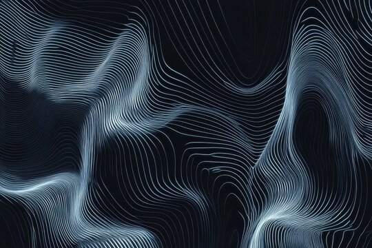 White and blue lines create abstract waves on a dark background, white and blue lines moving on black background