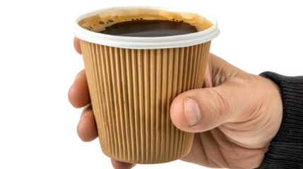 Hand holding disposable coffee cup with transparent background