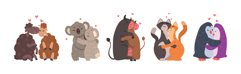Animal Couple in Love Embrace and Hug Vector Set