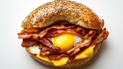 Top-down view of a breakfast bagel sandwich with egg, cheese, and bacon, isolated on white background