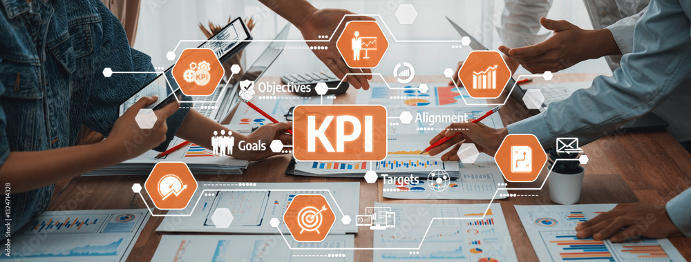 Aufkleber A collaborative scene showcasing KPI metrics and data visualization, emphasizing business strategy, goal alignment, and performance measurement among professionals. Amity