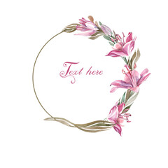 card with pink lilly and green leaves in circle frame, mothers day