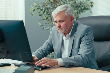 Mature, gray-haired, elegant businessman sits in office at the computer, completes company...