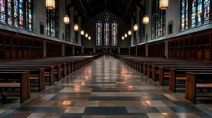 Empty Church Hall Interior with Stained Glass Windows Wooden Pews and Reflective Floor in Dim Lighting
