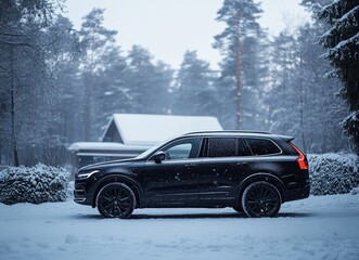Black suv parking in snowy driveway during winter