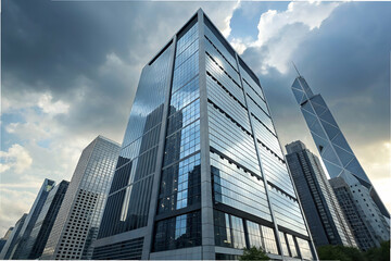 Obraz premium Modern skyscrapers with reflective glass facade under dramatic cloudy sky creating a stunning urban skyline in a bustling city environment